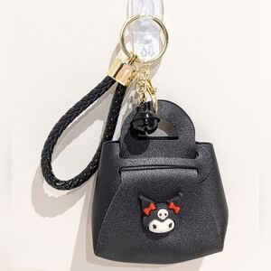 Black Kuromi Mini Handbag Charm Coin Purse Keychain With Bell & Wrist Strap, NEW